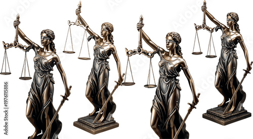 Lady Justice statue collection with scales and sword legal symbol blindfolded goddess law concept isolated vector illustration setLady Justice statue collection with scales and sword legal symbol blin