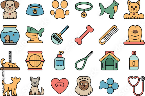 Collection of twenty four cartoon pet care icons animal