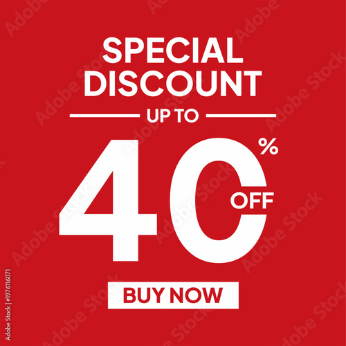 White text advertising forty percent off special discount on a solid red background