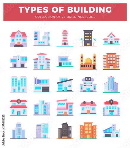 building icons in flat design. modern and classic styles. set against a white background.