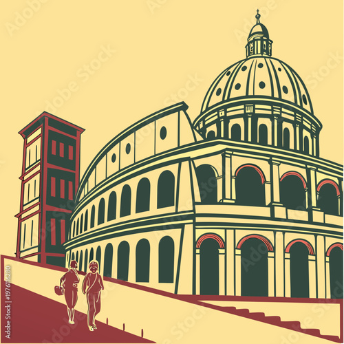 Historical rome architecture, coliseum building and dome structure, two people walking on ancient street, vector illustration.