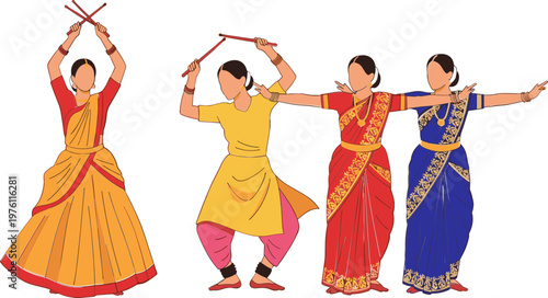 Traditional Dance Pose Collection with Sticks and Colorful Saris for Cultural, Dance, and Folk Illustration Designs