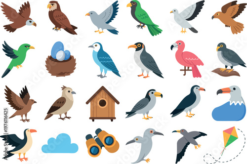 Collection of twenty four colorful cartoon birds and flight related icons