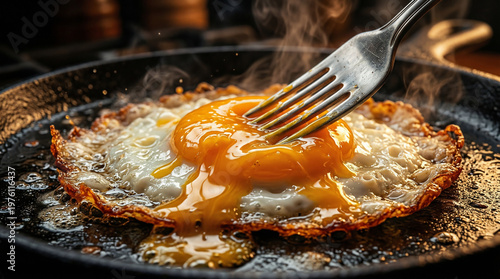 Fried egg being punctured with fork in cast iron skillet  