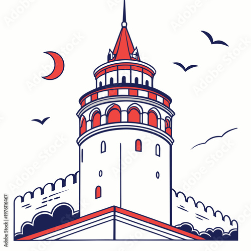 Minimalist vector illustration of Galata tower with seagulls and crescent moon representing Turkish culture and Istanbul landmark architectural design.