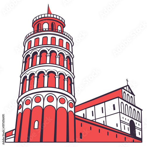 Professional vector illustration of leaning tower of pisa and cathedral building in flat style for travel brochures and european landmark education.
