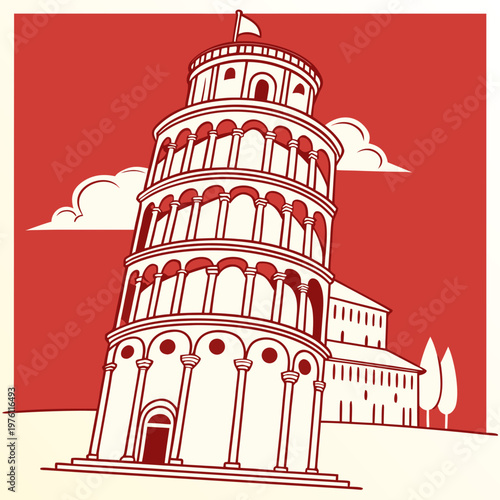 Iconic leaning tower of pisa vector illustration with clouds and trees background for italian tourism marketing and world famous landmark collection.