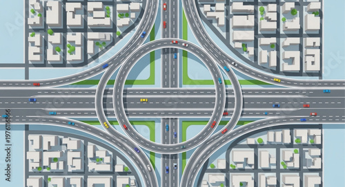 Aerial View of a Complex Highway Interchange with Urban Surroundings.