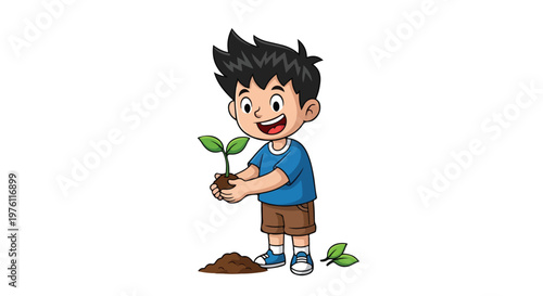 A cheerful young boy with spiked black hair is holding a small green plant and preparing to plant it in a mound of soil on the ground.