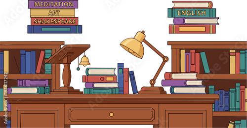 Study Desk and Bookshelf Vector Illustration Featuring Books on Meditation, Art, Shakespeare, and English Literature, Ideal for Education and Workspace Designs