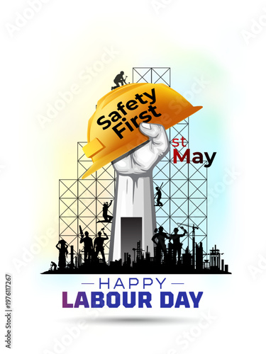 Promotional concept for Labour Day banner design. Labor rise hand for rights and worker empowerment and safety awareness vector illustration.