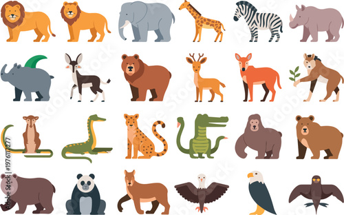Collection of twenty four flat style wild animal illustrations