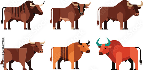 Stylized Bull Collection with Bold Shapes and Vibrant Colors for Animal, Farm, and Livestock Illustrations