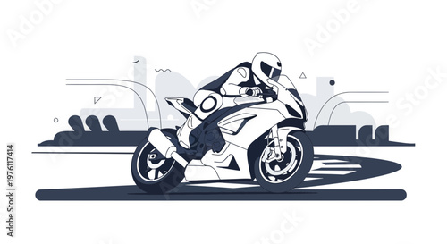 Rider on a white sport motorcycle with abstract background.