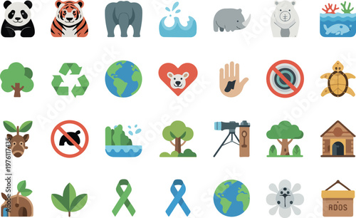 Collection of wildlife protection and conservation icons