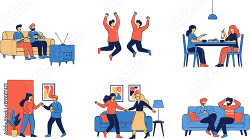 Social Interaction and Family Activities Vector Set Featuring Relaxing, Dancing, Dining, and Chatting Moments, Perfect for Lifestyle and Relationship Designs