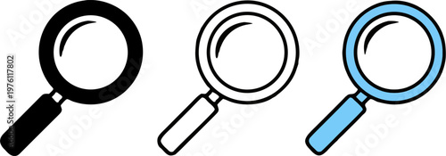 Set of 3 Magnifying Glass Icons in Solid Black, Outline, and Flat Blue Styles. Vector Search and Zoom Symbols for Web UI Design, Research Tools, and Navigation Interfaces