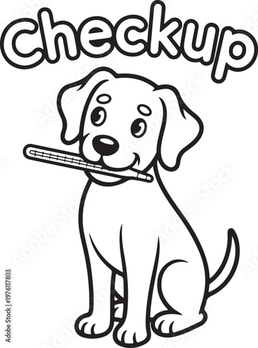 Cute dog holding thermometer in mouth with checkup text