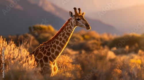 Majestic Giraffe Giraffa camelopardalis Silhouetted at Golden Sunset