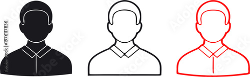 Set of 3 User Profile Avatar Icons in Solid Glyph, Black Outline, and Red Line Styles. Vector Person Symbols for Account Interfaces, Membership Logins, and Networking Sites