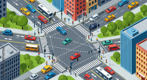 Isometric City Intersection with Cars, Buses, and Pedestrians.