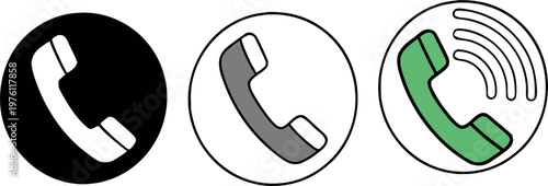 Set of 3 Telephone Handset Icons in Solid Black, Line Art, and Green Ringing Styles. Contact Us Vector Symbols for Web Interfaces, Customer Support, and Communication Apps