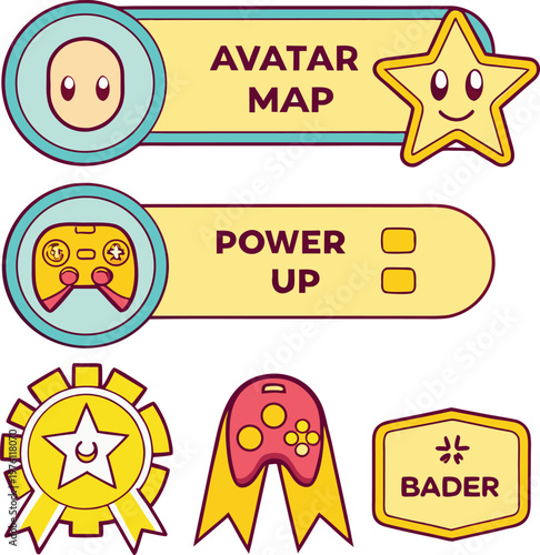 Gaming interface icons with avatar map, power up bar, gear star, controller badge and playful cartoon elements