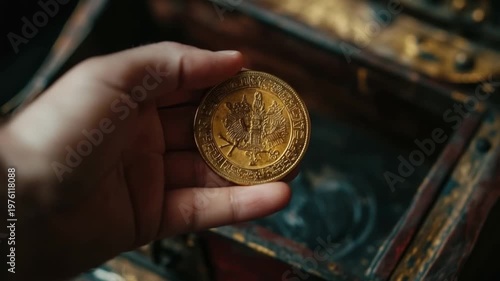 Gleaming Gold Coin Held in Hand Above Treasure Chest with Intricate Details Showcasing Wealth and Historical Significance. Generative AI