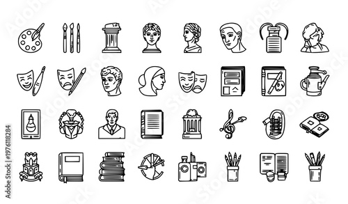 Classic arts icons set with painting sculpture music and theater outline vector illustration