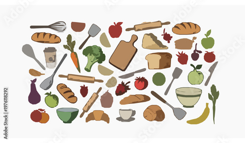 Cooking doodle elements collection dynamic kitchen food and ingredients vector illustration