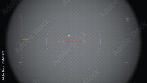 Scope sight view with futuristic sci-fi overlay. POV trought scope. Military spy with modern technological binoculars optics. Transparent vector overlay with dark mask. Observation overlay template.