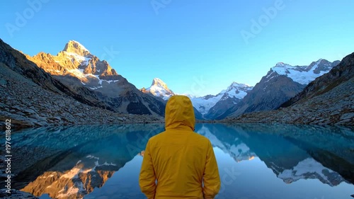 Man in yellow jacket by lake.