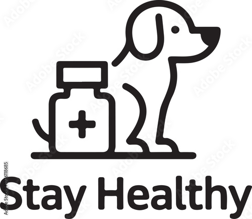 Dog and Medicine Bottle Vector Icon with Stay Healthy Text 1