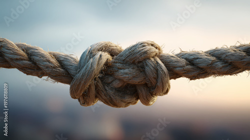 Thick rope with tight knot showing strong connection and strength. Secure tie giving feeling of confidence and hope against any tension