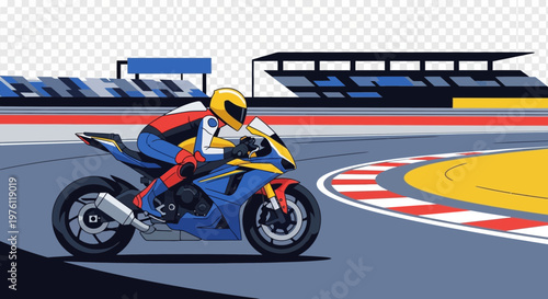 Motorcycle racer on a track with grandstands in the background.