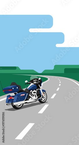 Motorcycle rider on a winding road with green trees and blue sky.