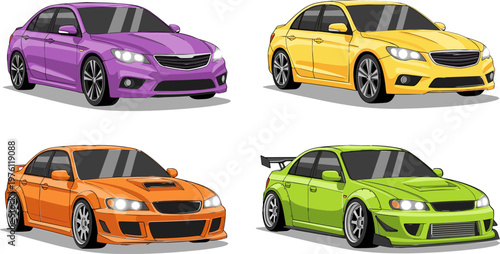 Set of Stylized Sports Car Illustrations in Vibrant Colors Featuring Purple, Yellow, Orange, and Green Designs for Automotive, Racing, and Vehicle Graphics