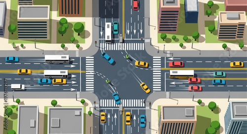 Aerial View of a Busy City Intersection with Traffic.