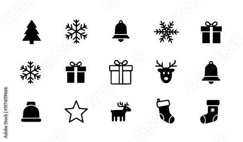 Minimal Christmas glyph icons black holiday vector illustration set