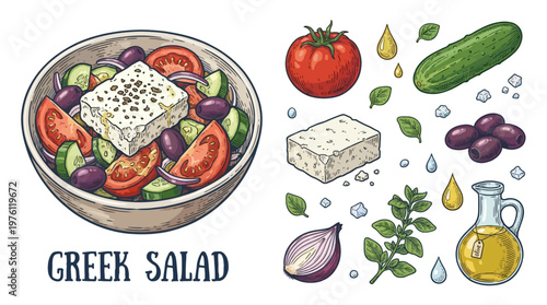 Hand Drawn Vector Illustration of Greek Salad with Fresh Ingredients: Feta Cheese, Tomatoes, Olives, Cucumber, and Olive Oil