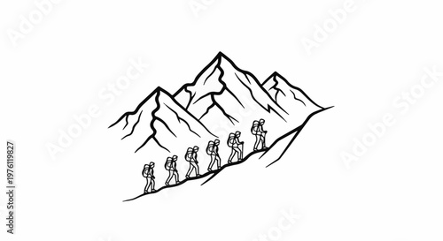 Mountaineers ascend a slope towards jagged peaks in a minimalist illustration