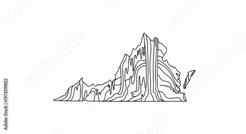 Outline map with flowing lines depicting mountainous terrain and coastline
