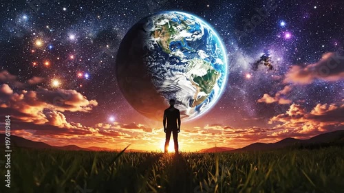 Man watches Earth in cosmos.