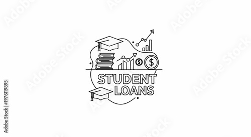 Outline graphic of graduation caps, books, and financial charts symbolizing student loans