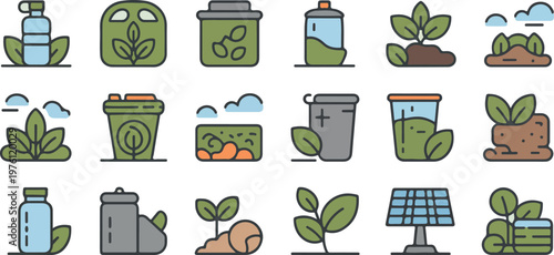 Eco friendly plant growth and energy icons leaf sprout