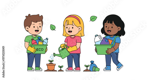 Three diverse children are happily working together to protect the environment by recycling waste and watering young plants to grow.