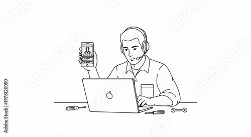 Person with headset and phone works on laptop, surrounded by tools
