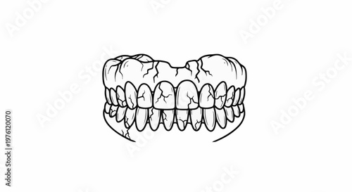 A cracked set of human teeth, illustrated with fine lines