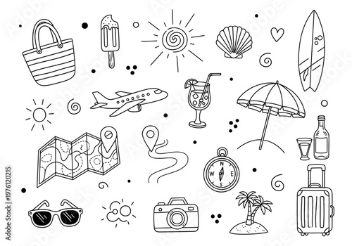 Summer vacation and travel icons set, beach and tourism symbols