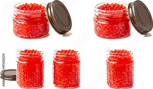 Set of Red Caviar in Jars with Lids for Food, Seafood, and Gourmet Graphics